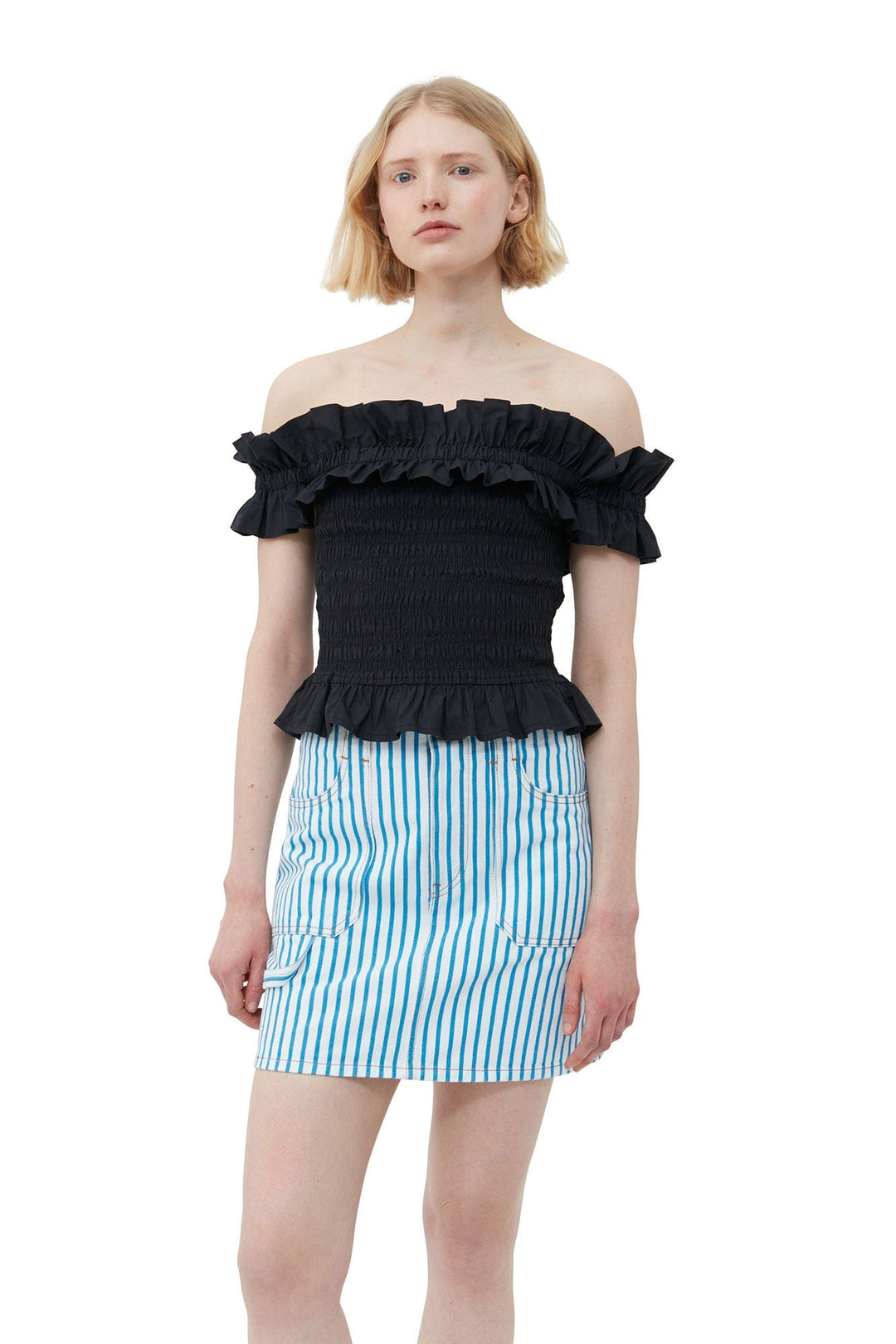 GANNI KLÆR Top Poplin Off-shoulder Sort